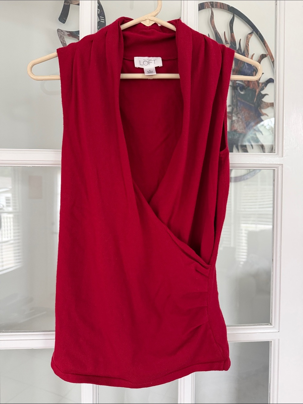 5/$20 LOFT size S deep red faux wrap sleeveless surplice knit top